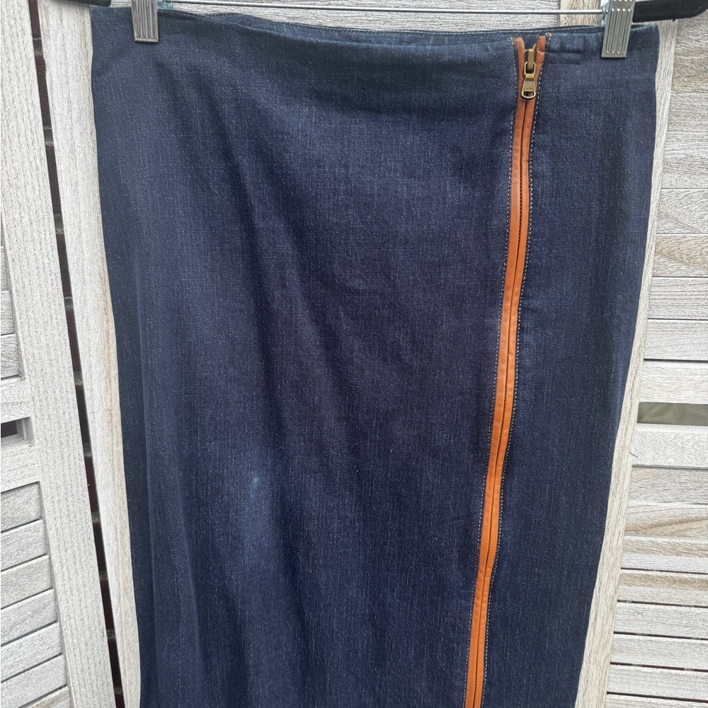Lauren Ralph Lauren Stretch Denim Pencil Skirt Leather Trim Zip Detail Size 6